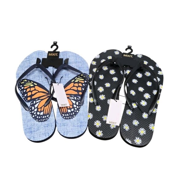 Lot Of 2 Pairs Mixit Flip Flops Womens 11/12 Blue Butterfly Black Daisy Sandals - Picture 3 of 6